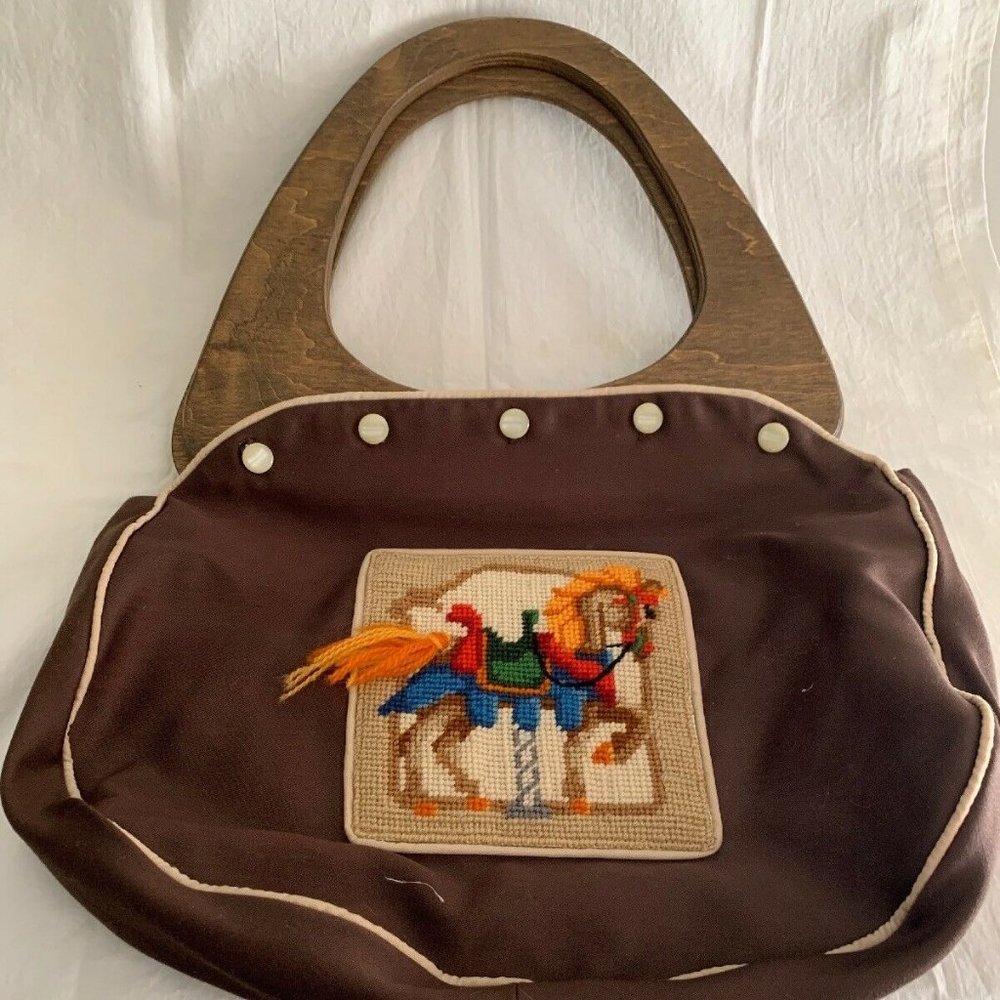 VINTAGE Carousel &  Needlepoint Wood Handle Boho B